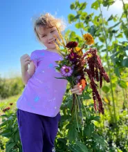 Small girl holding flowers in sunny field