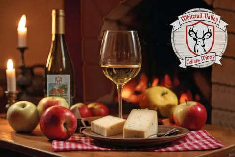 Wine, cheese and apples on a candle lit table